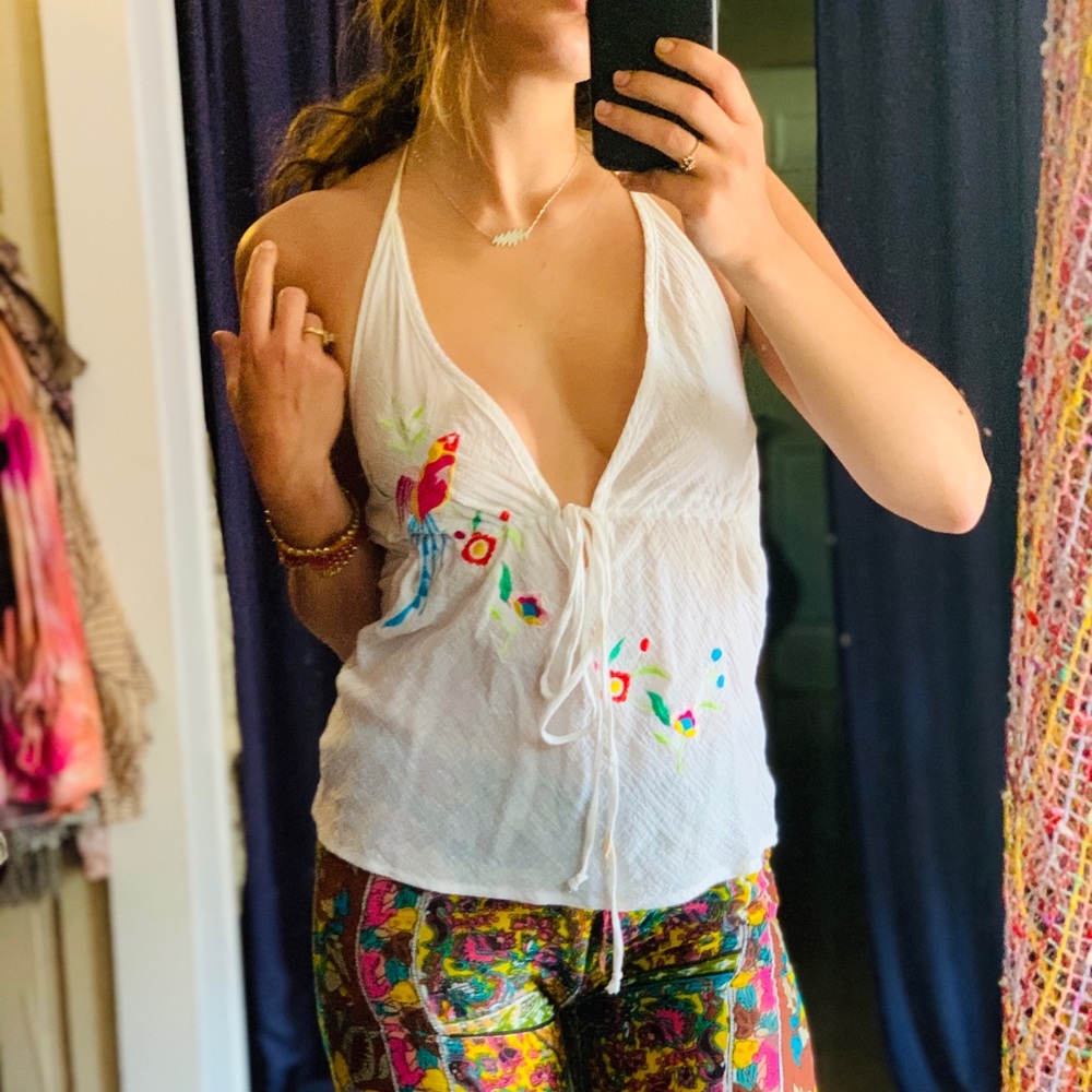 Boho gauze white embroidered halter tank small
